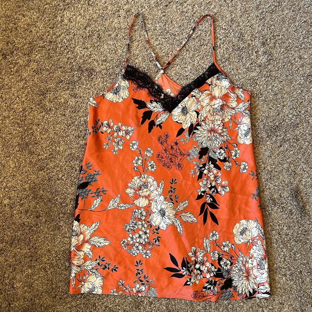 Secret Treasures Camisole Size Large (12-14) Orange Floral Satin Chemise Lace